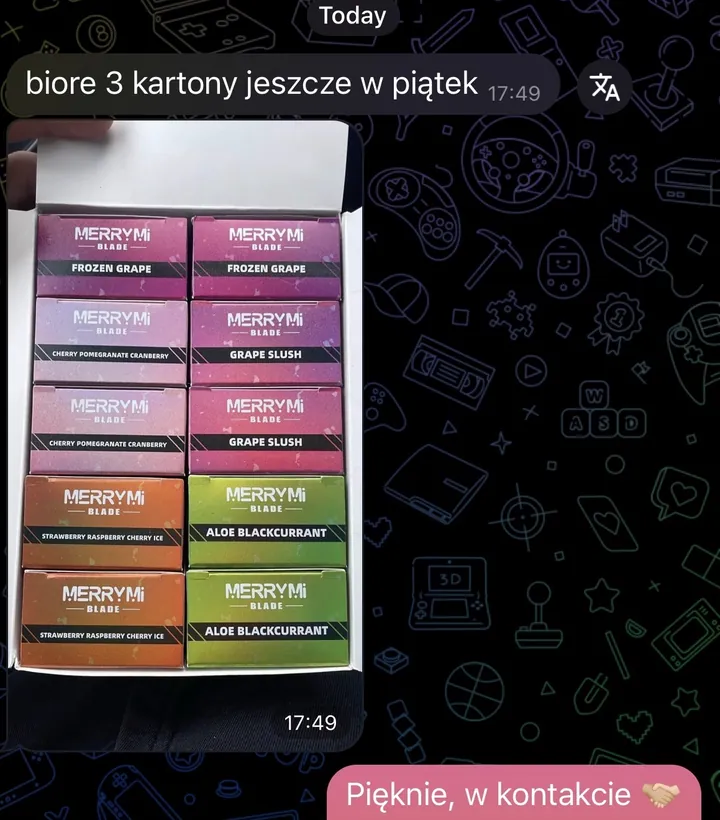 Zrzut z Telegrama: klient wysyła zdjęcie kartonu MerryMi Blade i zamawia kolejne 3 kartony